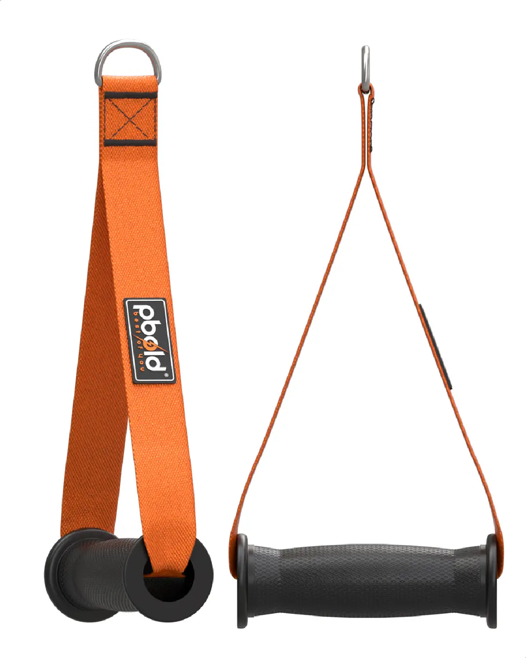Agarres de polea Pbold naranjas con mangos negros texturizados para entrenamiento de fuerza.