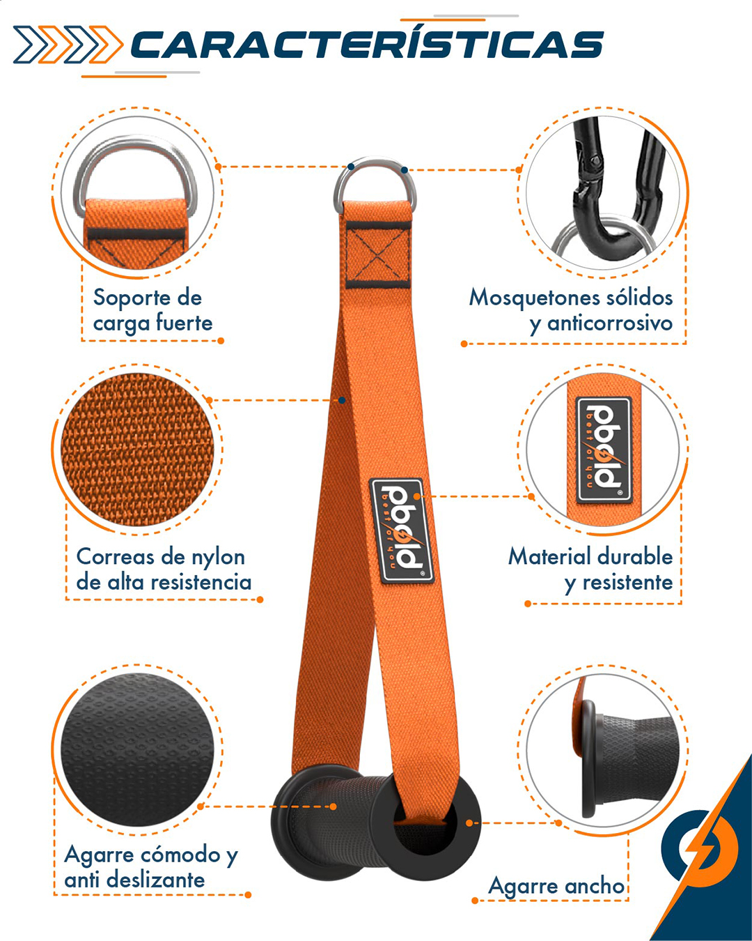 Agarres de polea Pbold naranja con correas de nylon, mosquetones sólidos y agarre ancho para entrenamiento de fuerza.
