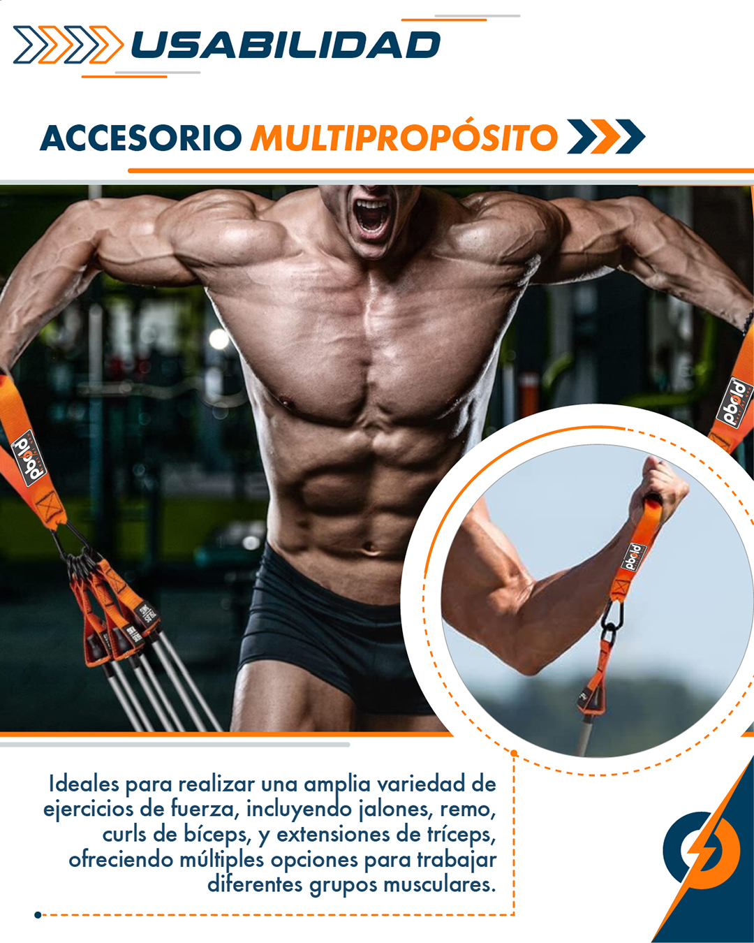 Agarres de polea Pbold naranjas para entrenamiento de fuerza, con bandas elásticas y mangos ergonómicos.