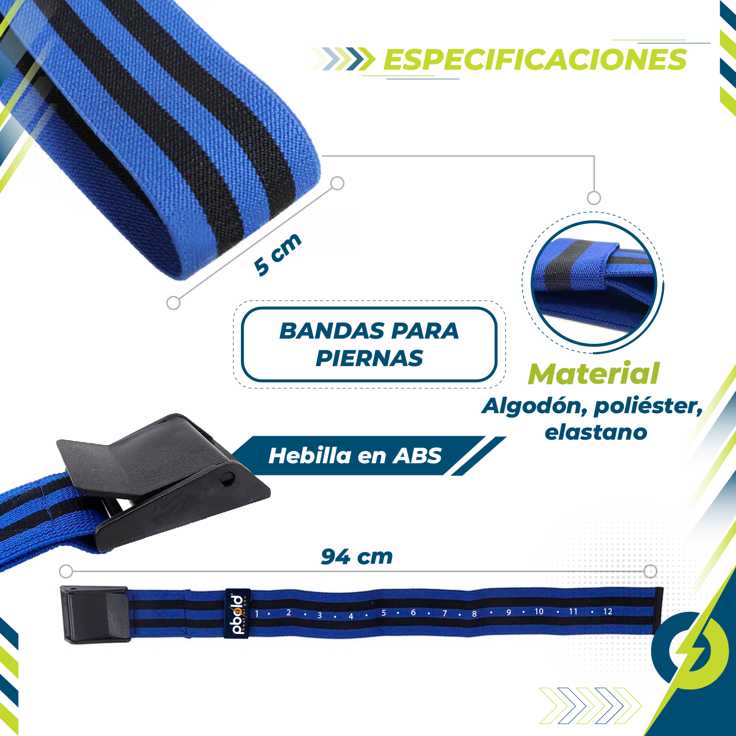 Bandas de oclusión Pbold azules y negras para piernas, 5 cm de ancho, hebilla ABS, 94 cm de largo.