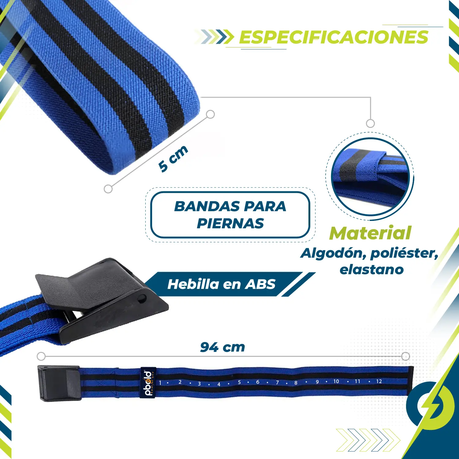 Bandas de oclusión Pbold azules y negras para piernas, 5 cm de ancho, hebilla ABS, 94 cm de largo.