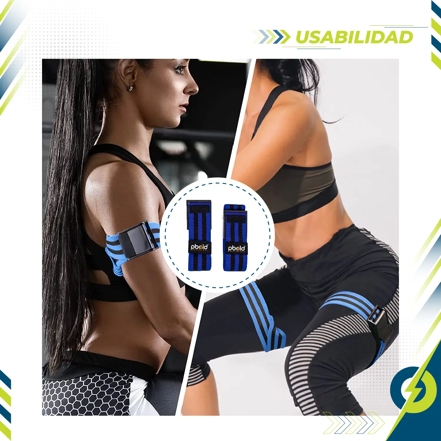 Kit 4 bandas de oclusión Pbold azules y negras para brazos y piernas, ideal para entrenamiento de crecimiento muscular.