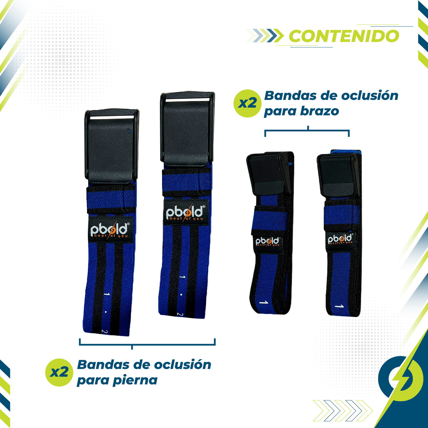 Kit 4 bandas de oclusión Pbold: 2 para brazo y 2 para pierna, color azul con negro.