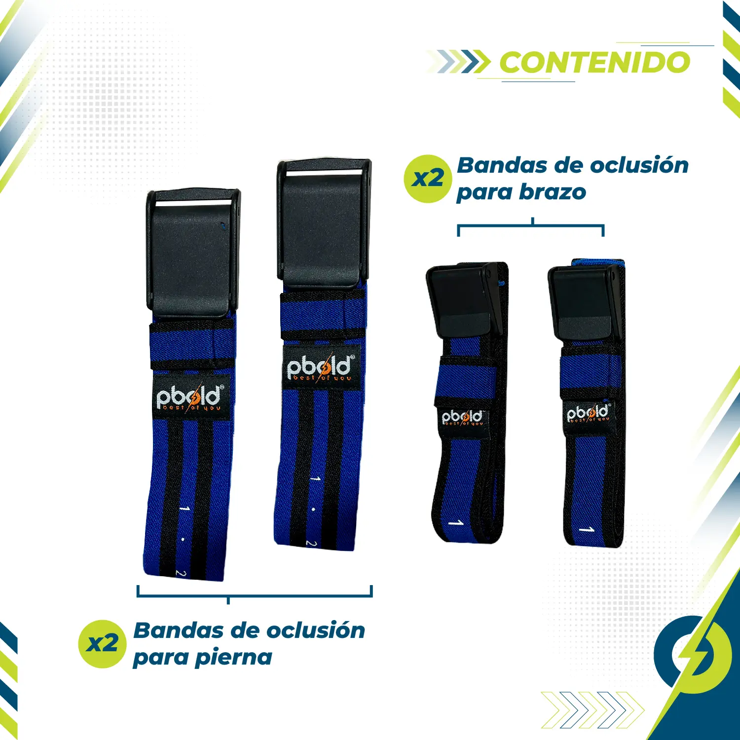 Kit 4 bandas de oclusión Pbold: 2 para brazo y 2 para pierna, color azul con negro.