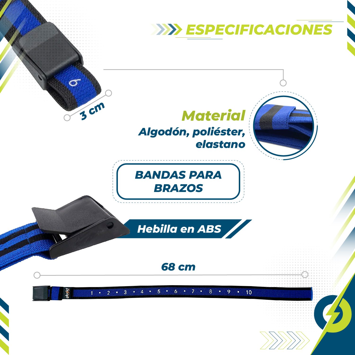 Kit 4 bandas de oclusión Pbold, 3 cm de ancho, hebilla ABS, 68 cm de largo, material algodón, poliéster, elastano.