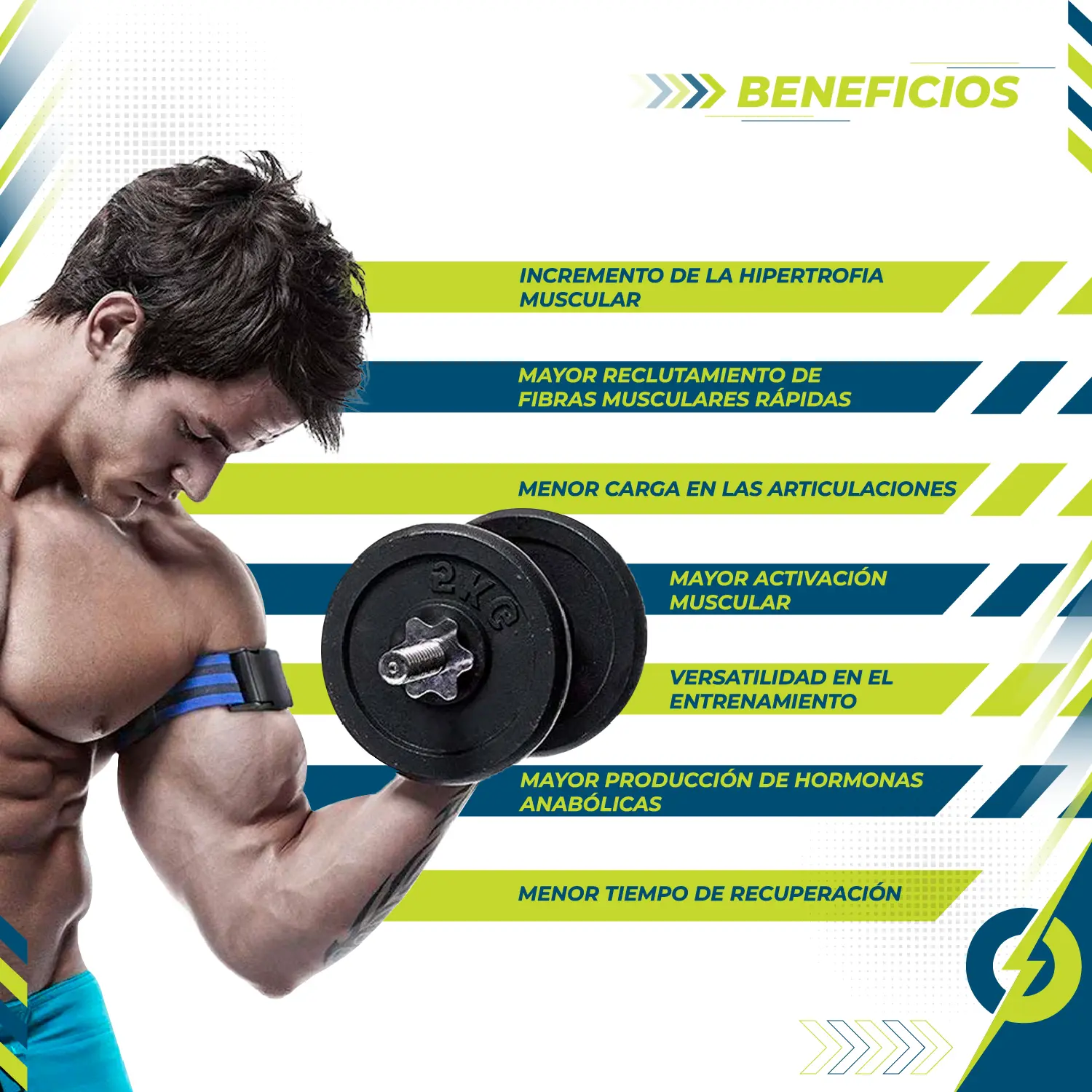 Hombre entrenando con banda de oclusión en brazo y pesas, destacando beneficios de crecimiento muscular y fuerza.