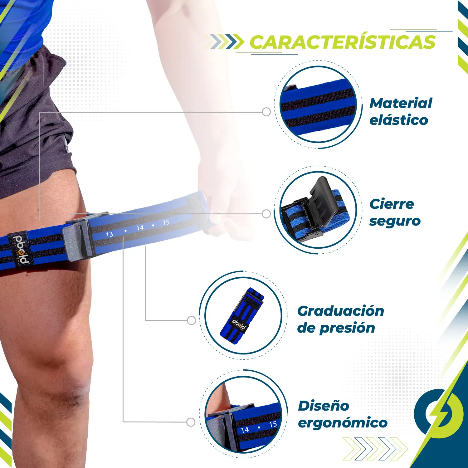 Kit 4 bandas de oclusión Pbold para bíceps y muslos, material elástico azul con cierre seguro y graduación de presión de 13 a 15.