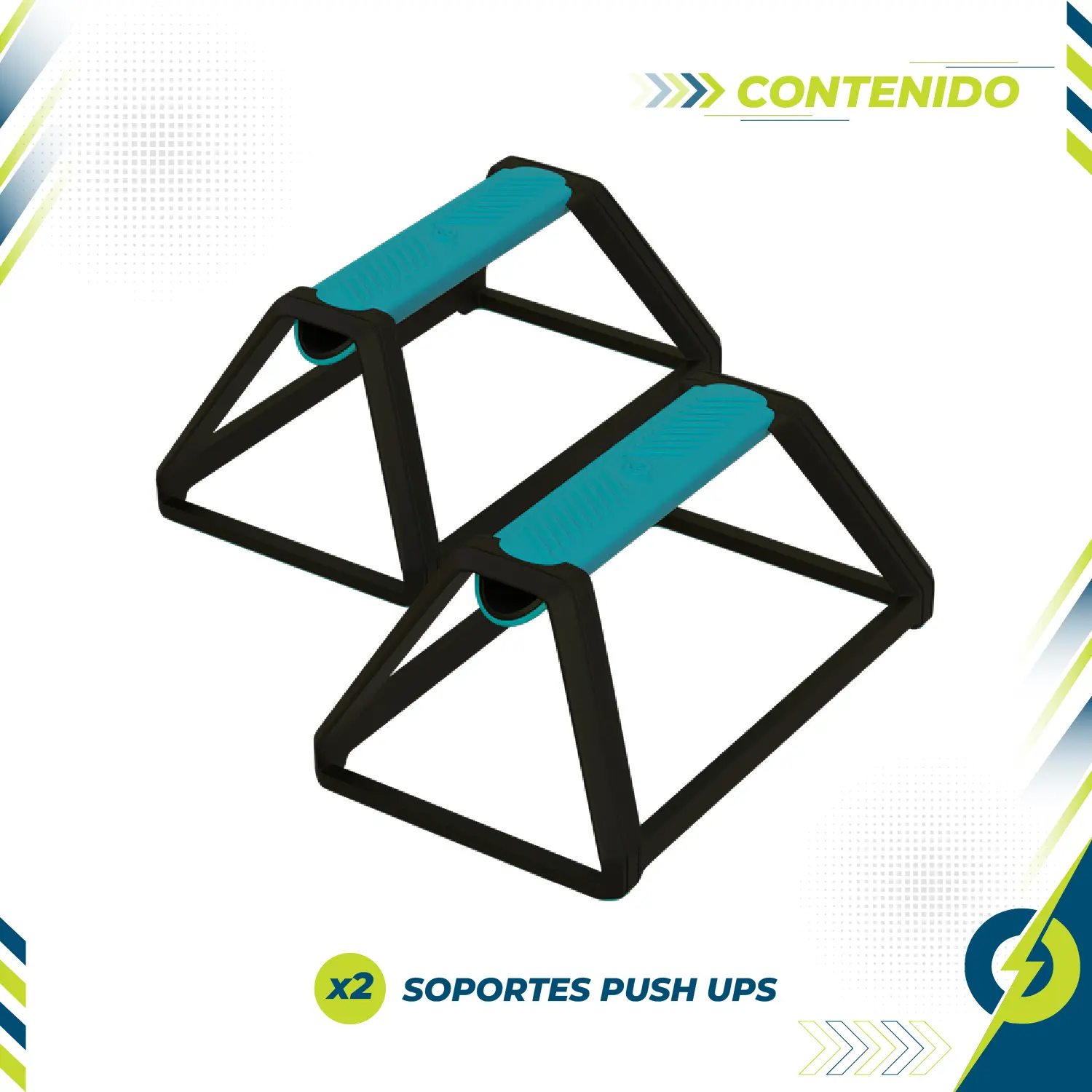 Soportes de flexiones Pbold V2 negros con agarres turquesas, perfectos para entrenamiento en casa.