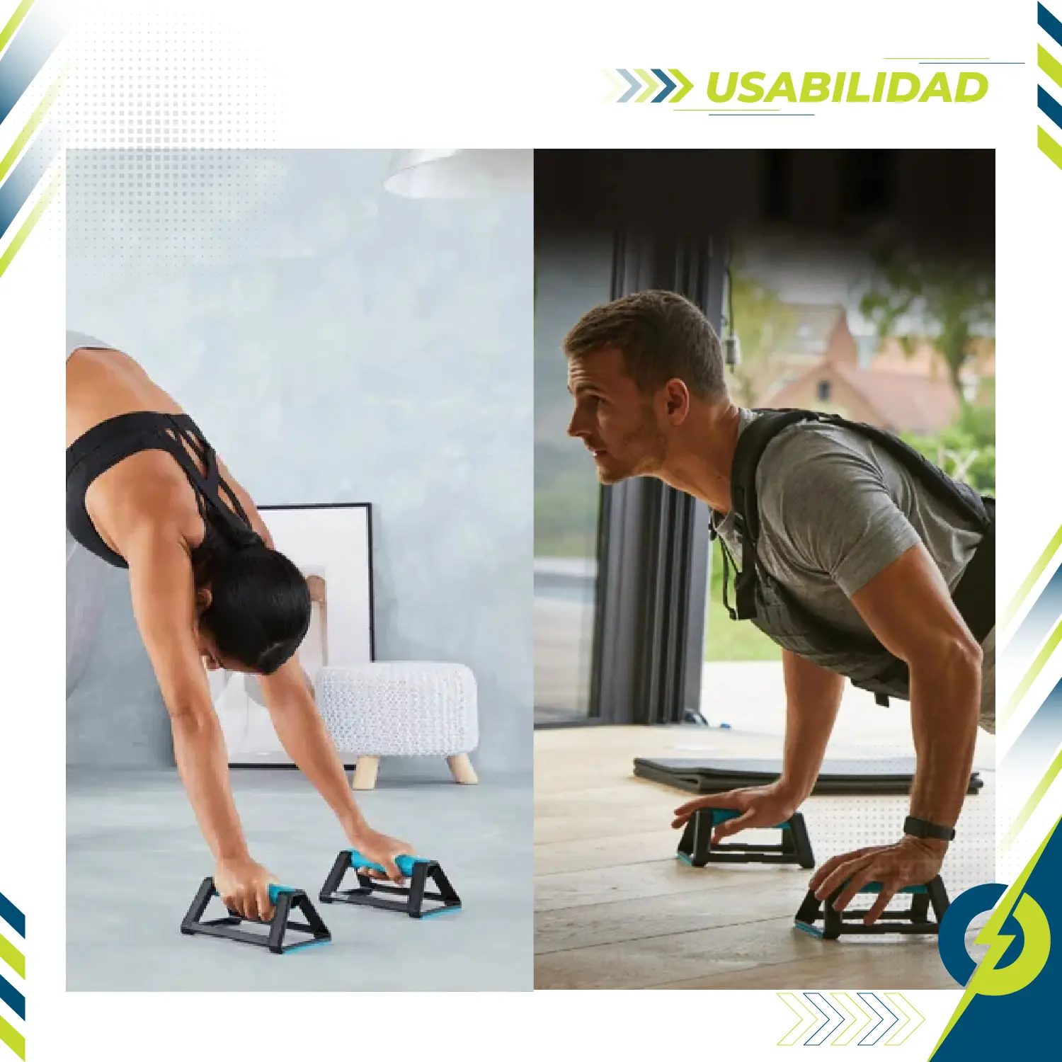 Soporte para flexiones V2 Pbold, de plástico negro y azul. Dos personas realizando ejercicios.