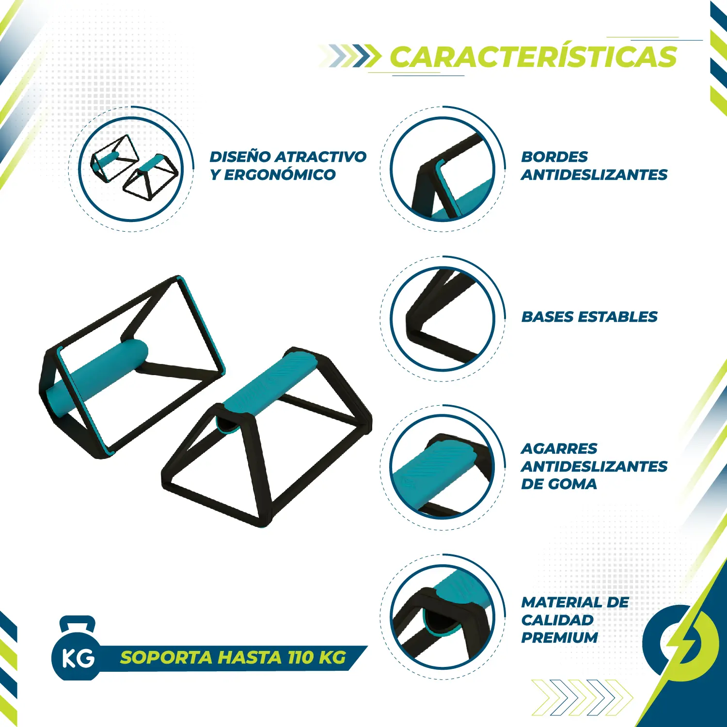 Soportes para flexiones con mangos ergonómicos azules y bases negras antideslizantes, soportan hasta 110 kg.