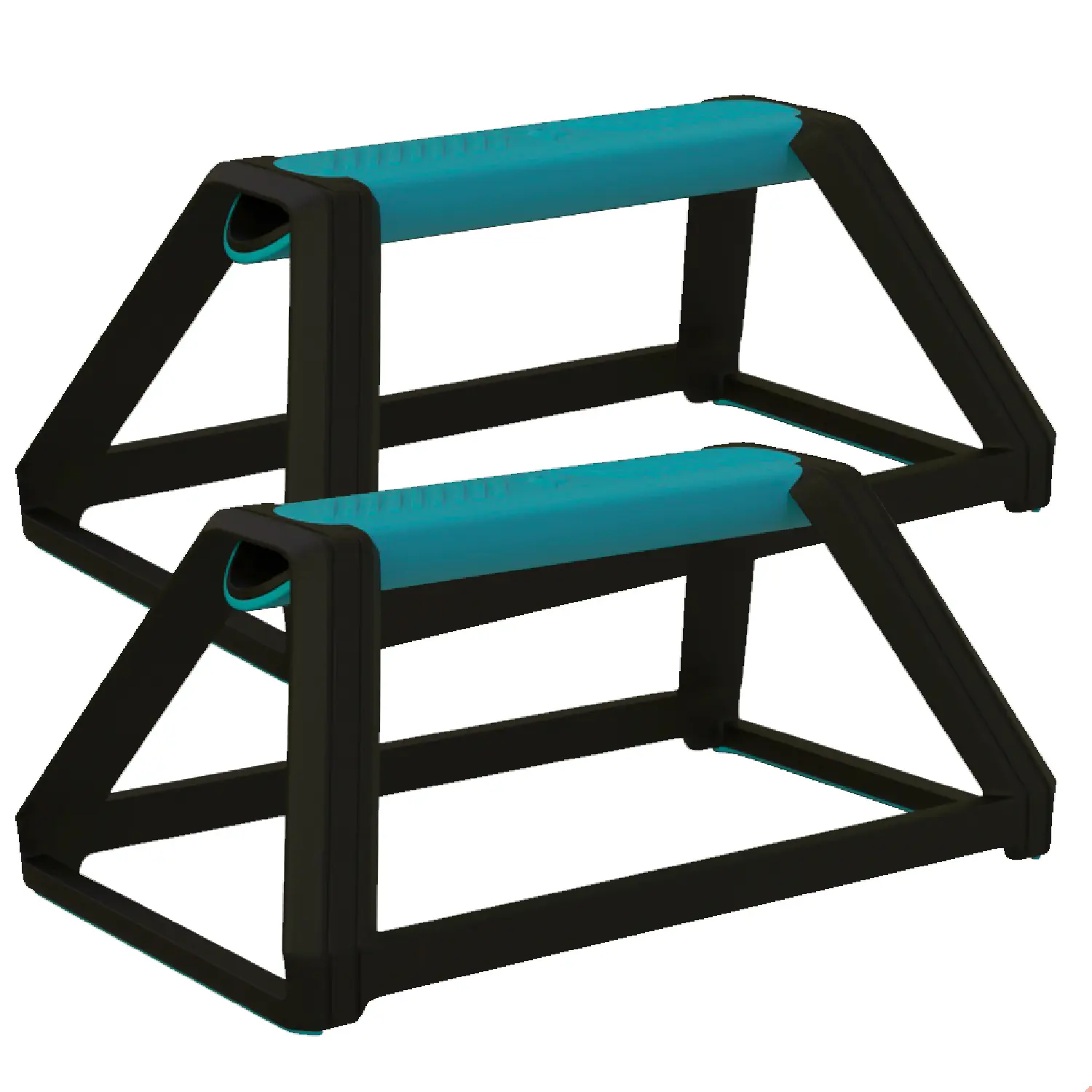 Par de soportes negros para flexiones con barras superiores turquesas.