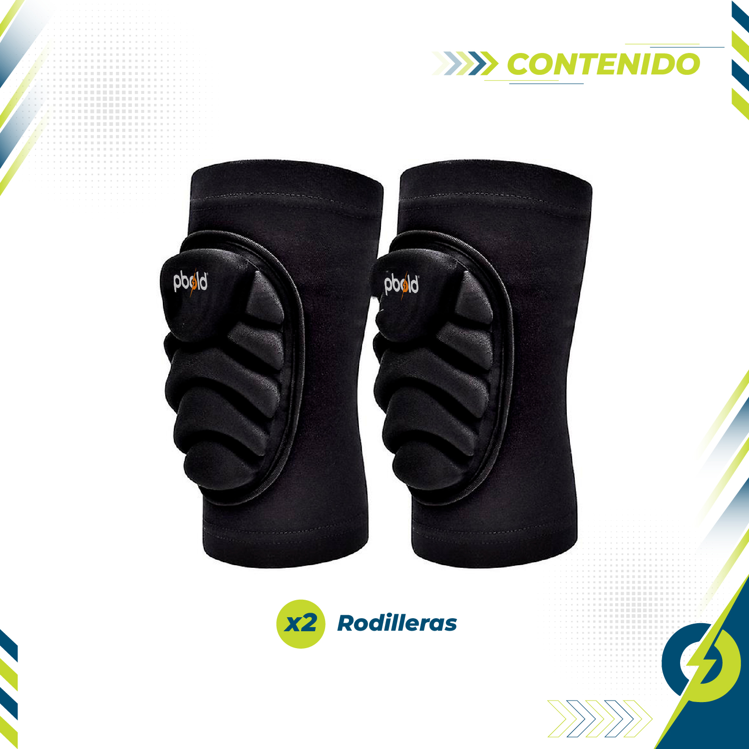 Rodilleras negras acolchadas Pbold para deportistas, con logo naranja, en par.
