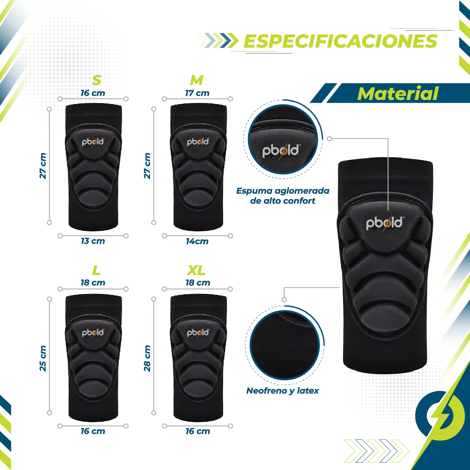 Rodilleras Pbold acolchadas en negro, con medidas S (27x13cm), M (27x14cm), L (25x16cm) y XL (28x16cm).