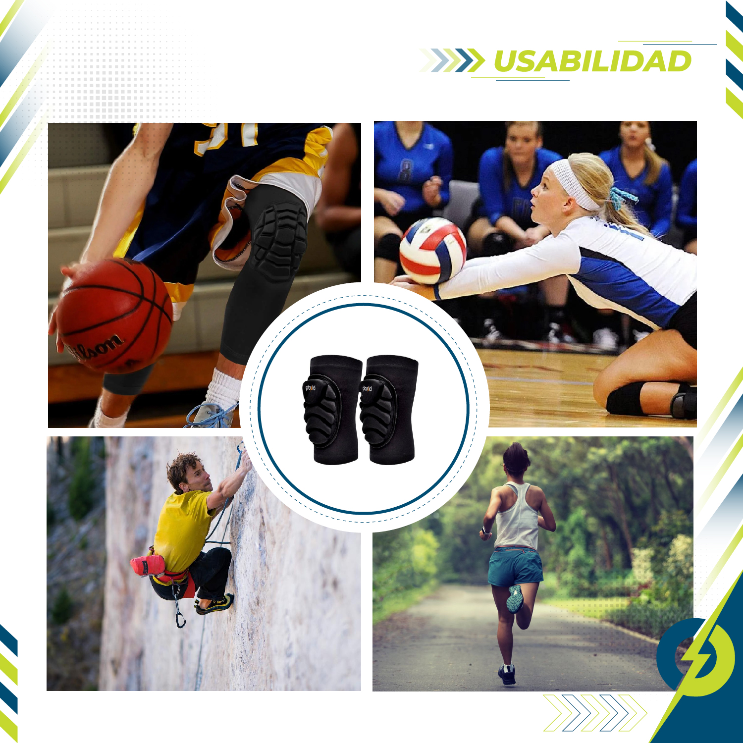 Rodilleras acolchadas Pbold negras, ideales para baloncesto, voleibol, escalada y running.