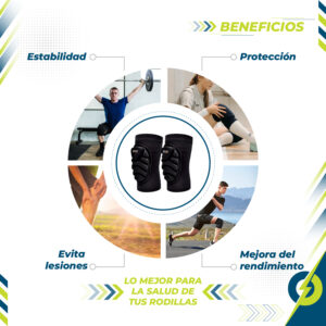 Rodilleras Pbold acolchadas negras para deportistas, mostrando beneficios como estabilidad, protección, mejora del rendimiento y prevención de lesiones.