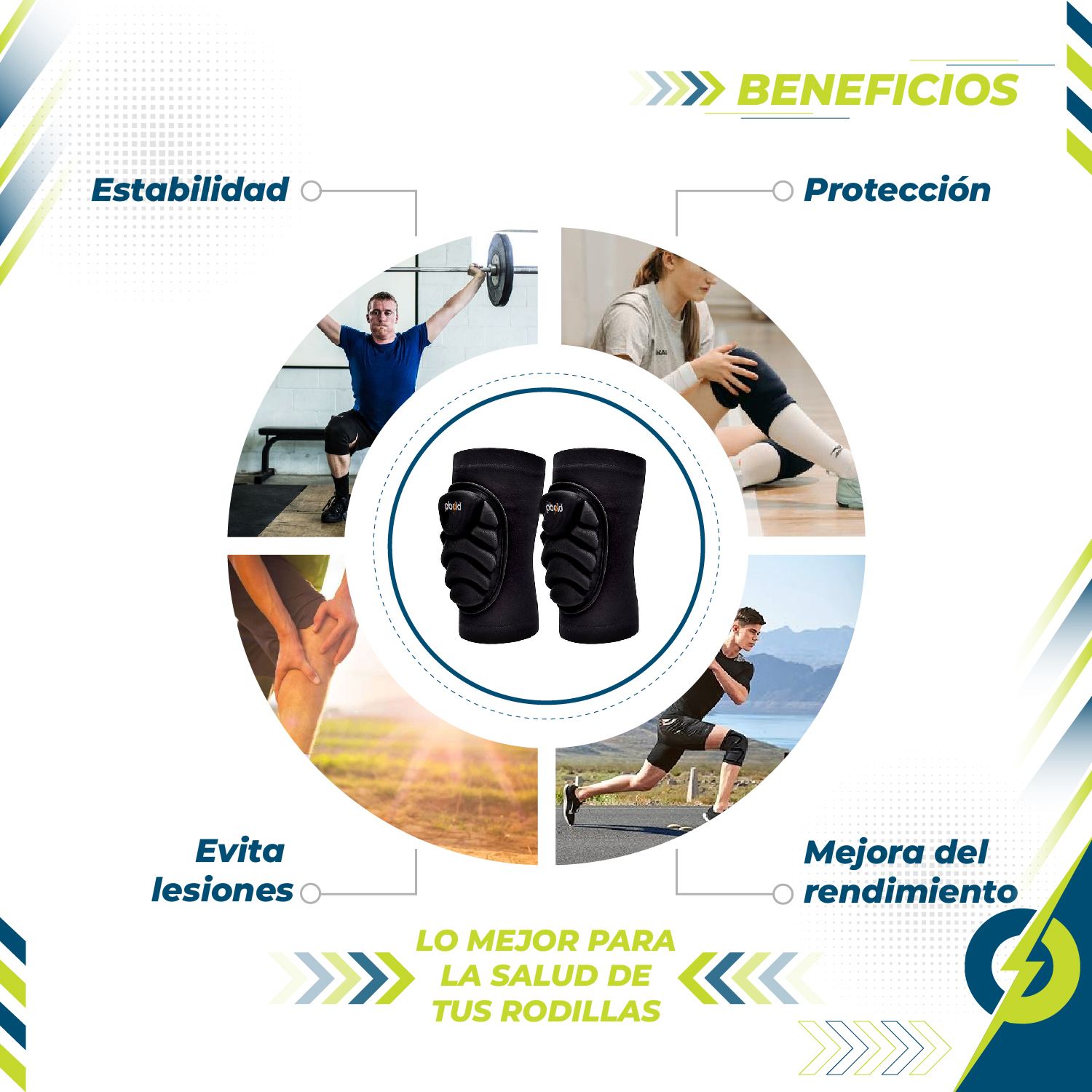 Rodilleras Pbold acolchadas negras para deportistas, mostrando beneficios como estabilidad, protección, mejora del rendimiento y prevención de lesiones.
