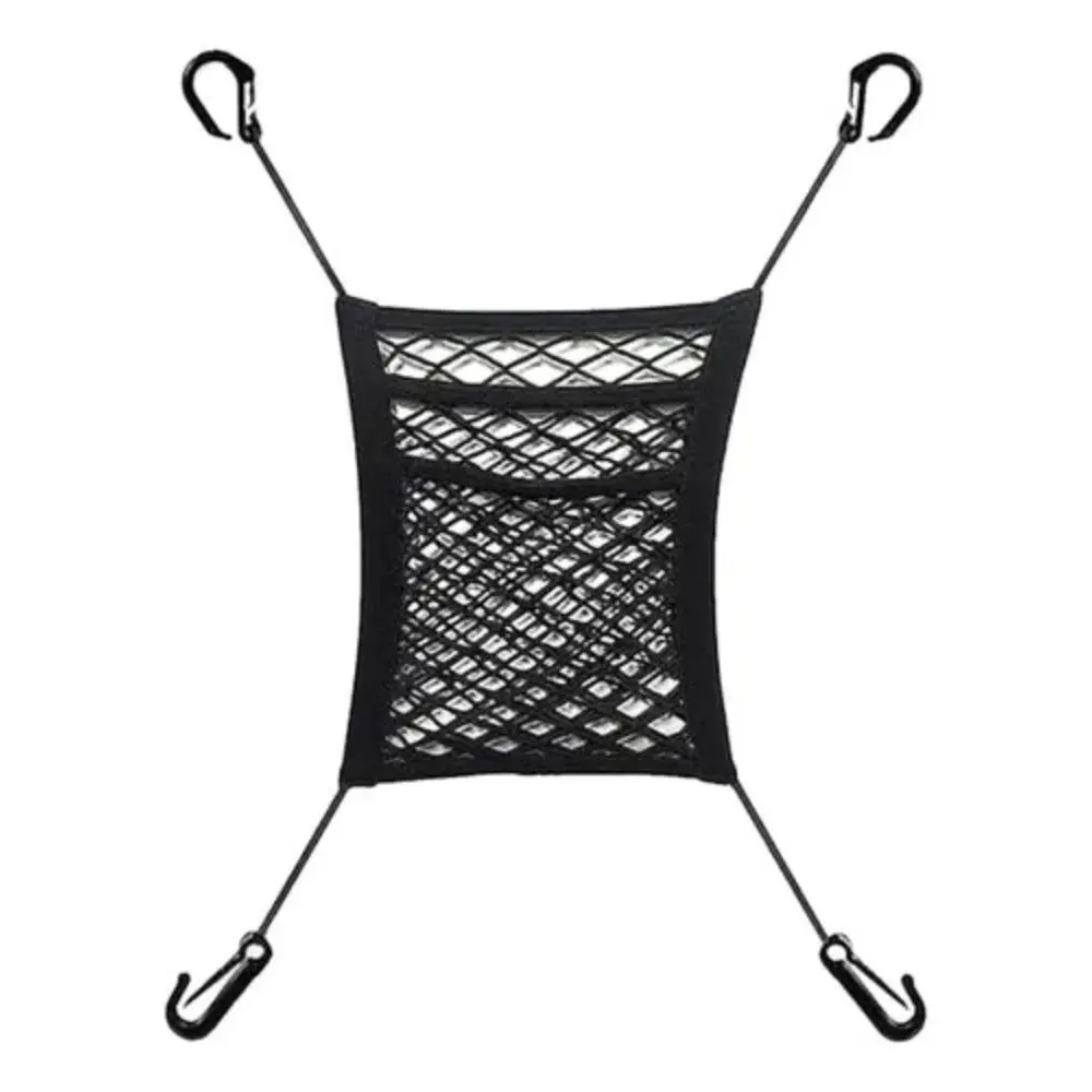 Bolsa de malla elástica negra universal para carro con ganchos de sujeción, ideal para organizar objetos.