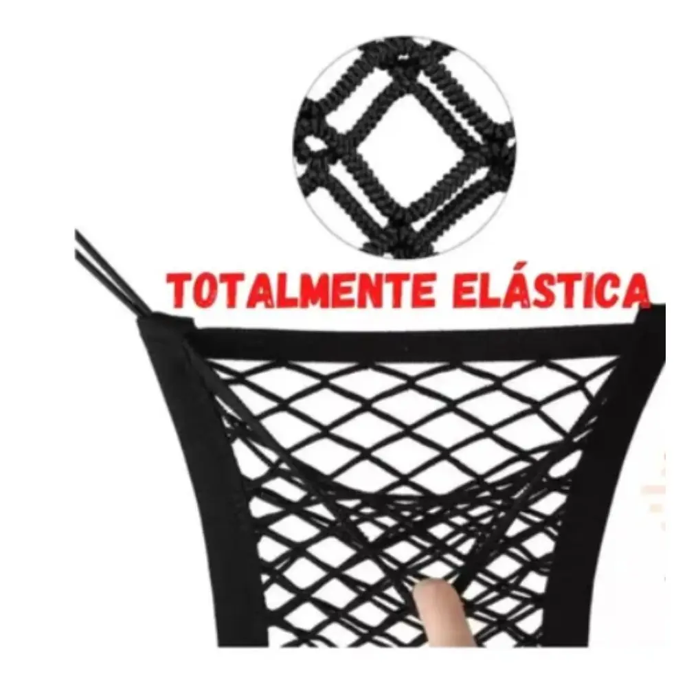 Malla elástica negra universal para carro. Texto rojo "TOTALMENTE ELÁSTICA" en español.