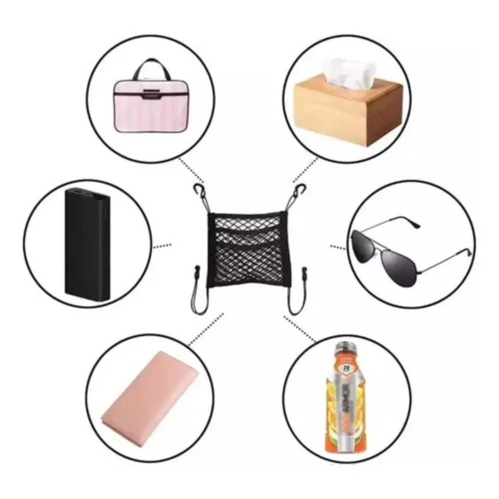 Bolsa de malla elástica universal para coche, organiza cartera, audífonos, gafas y botella.