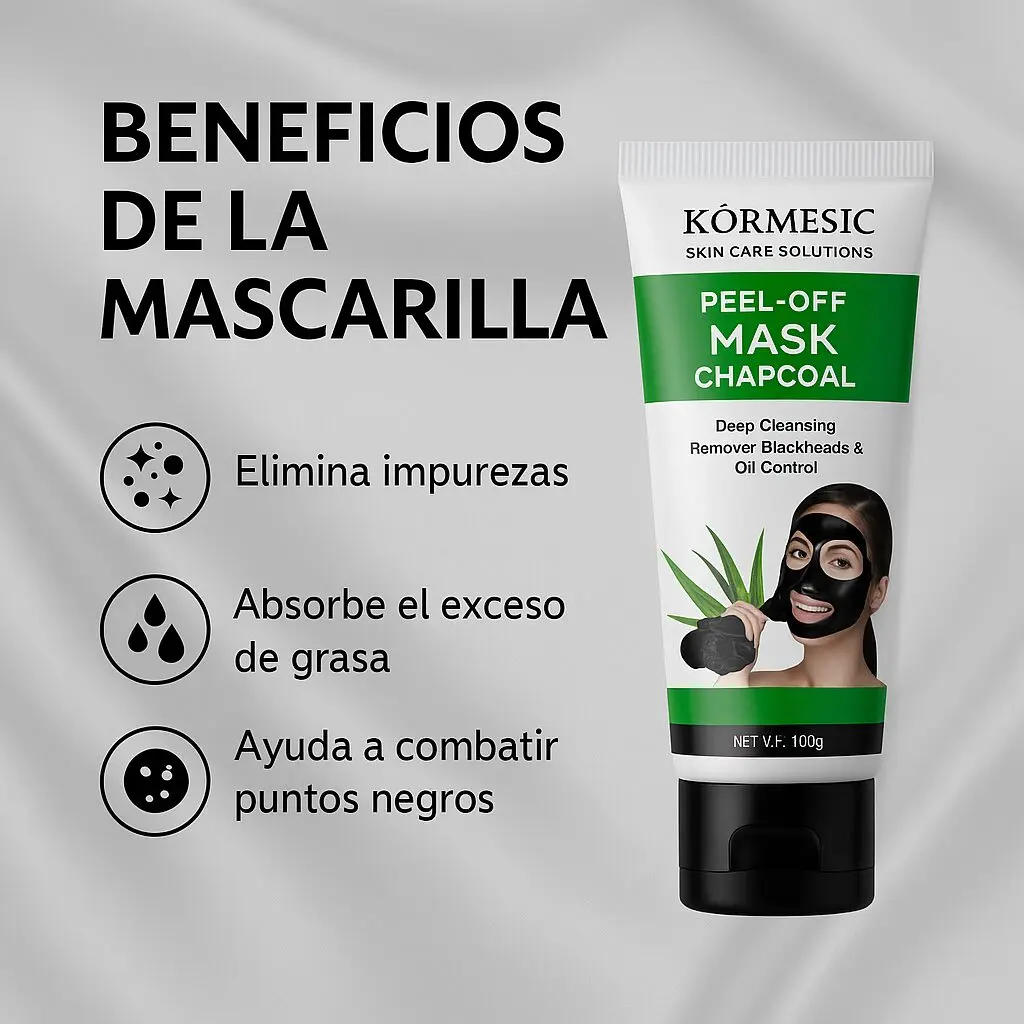 Mascarilla negra purificante Kormesic de carbón, para eliminar impurezas, exceso de grasa y puntos negros. Tubo 100g.