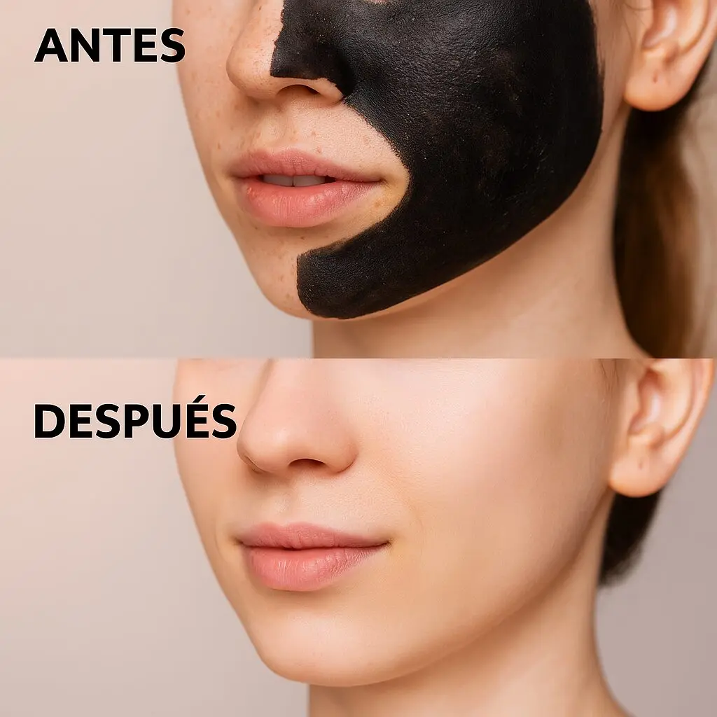 Antes y después: rostro con mascarilla negra purificante de carbón, mostrando piel limpia y suave.