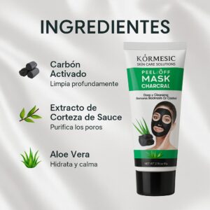 Mascarilla Kormesic Peel Off Charcoal con carbón activado, extracto de sauce y aloe vera para limpieza profunda.