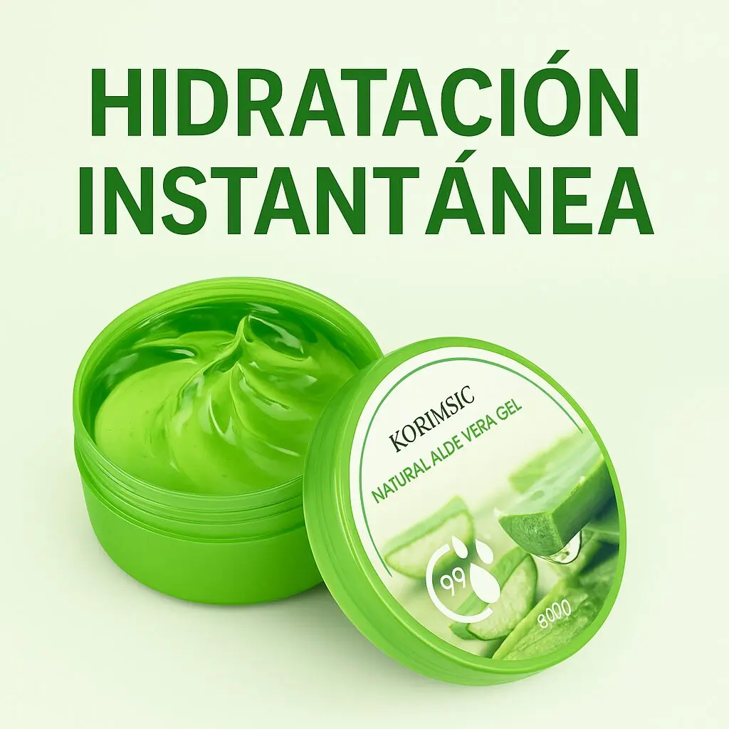 Gel de aloe vera Korimsic en envase verde, textura gelatinosa con título "Hidratación instantánea".