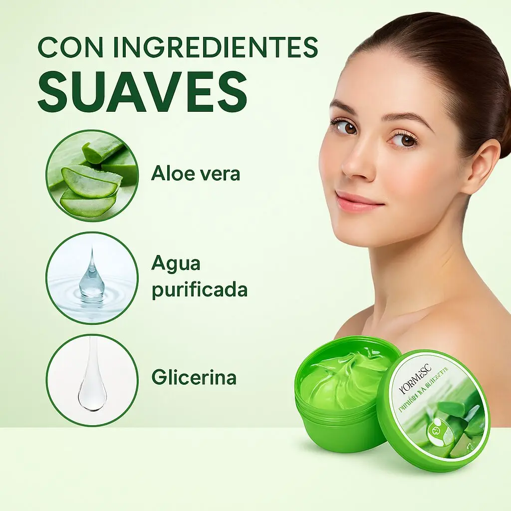 Gel de Aloe Vera en recipiente verde, destacando ingredientes suaves como aloe, agua purificada y glicerina, junto a modelo sonriente.