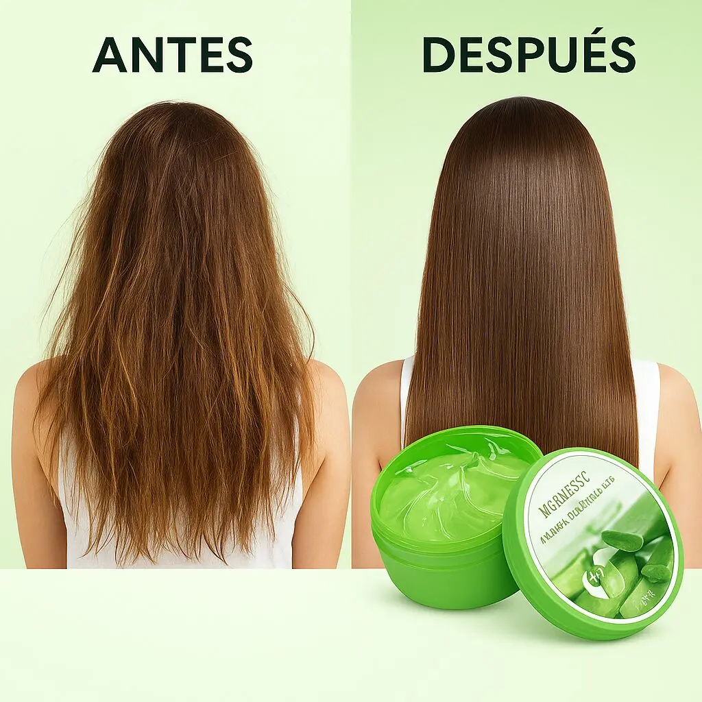 Cabello antes y después de aplicar gel natural de aloe vera: seco y dañado, ahora liso y brillante.
