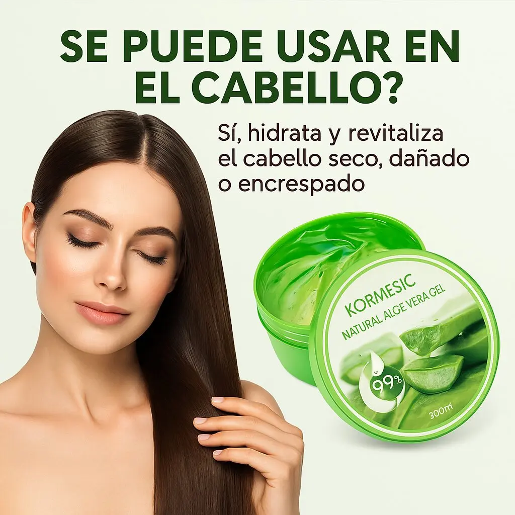 Mujer con cabello largo y sedoso junto a tarro de gel de aloe vera Kormesic 300ml, ideal para cabello seco.
