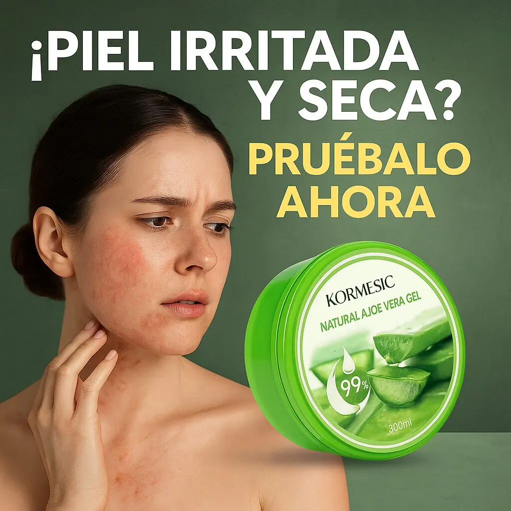 Mujer con piel irritada y seca, frente a un frasco de 300ml de Gel Natural de Aloe Vera Kormesic 99%.