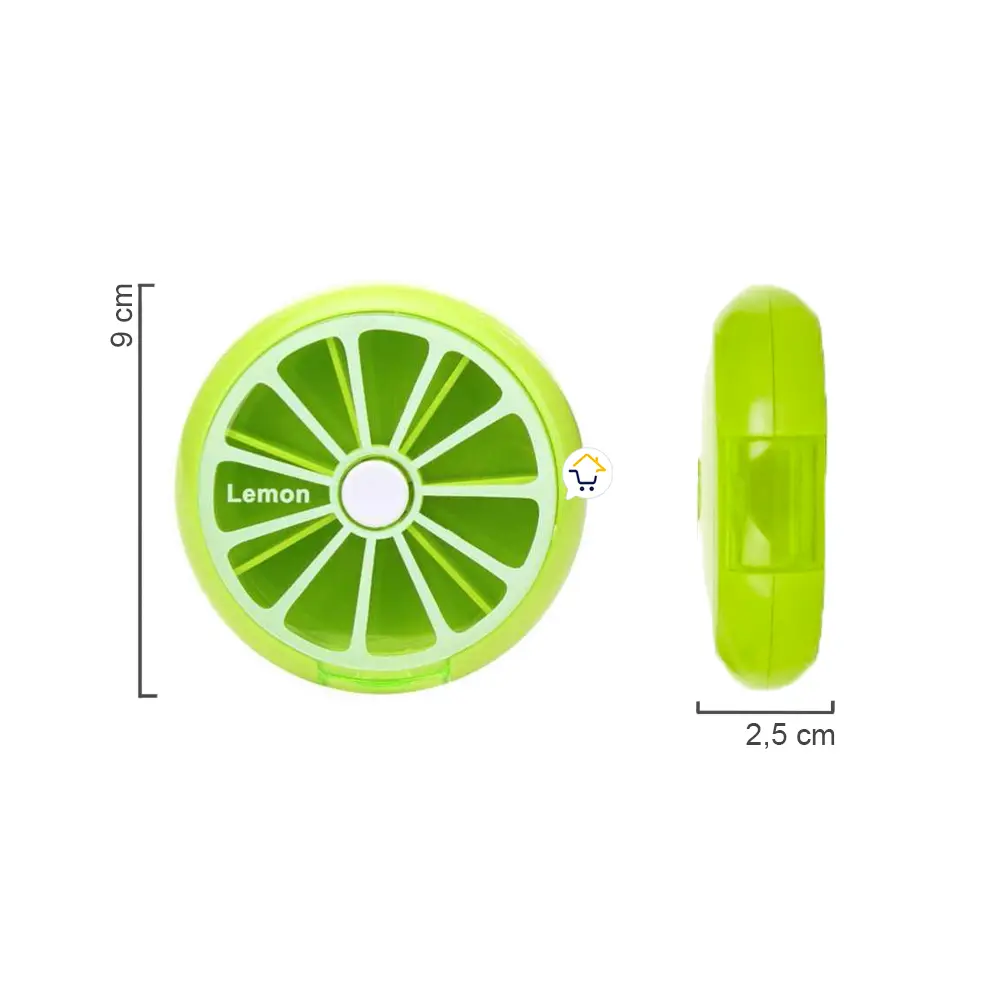Pastillero semanal redondo verde limón con 7 compartimentos, 9 cm de diámetro, 2.5 cm de alto.