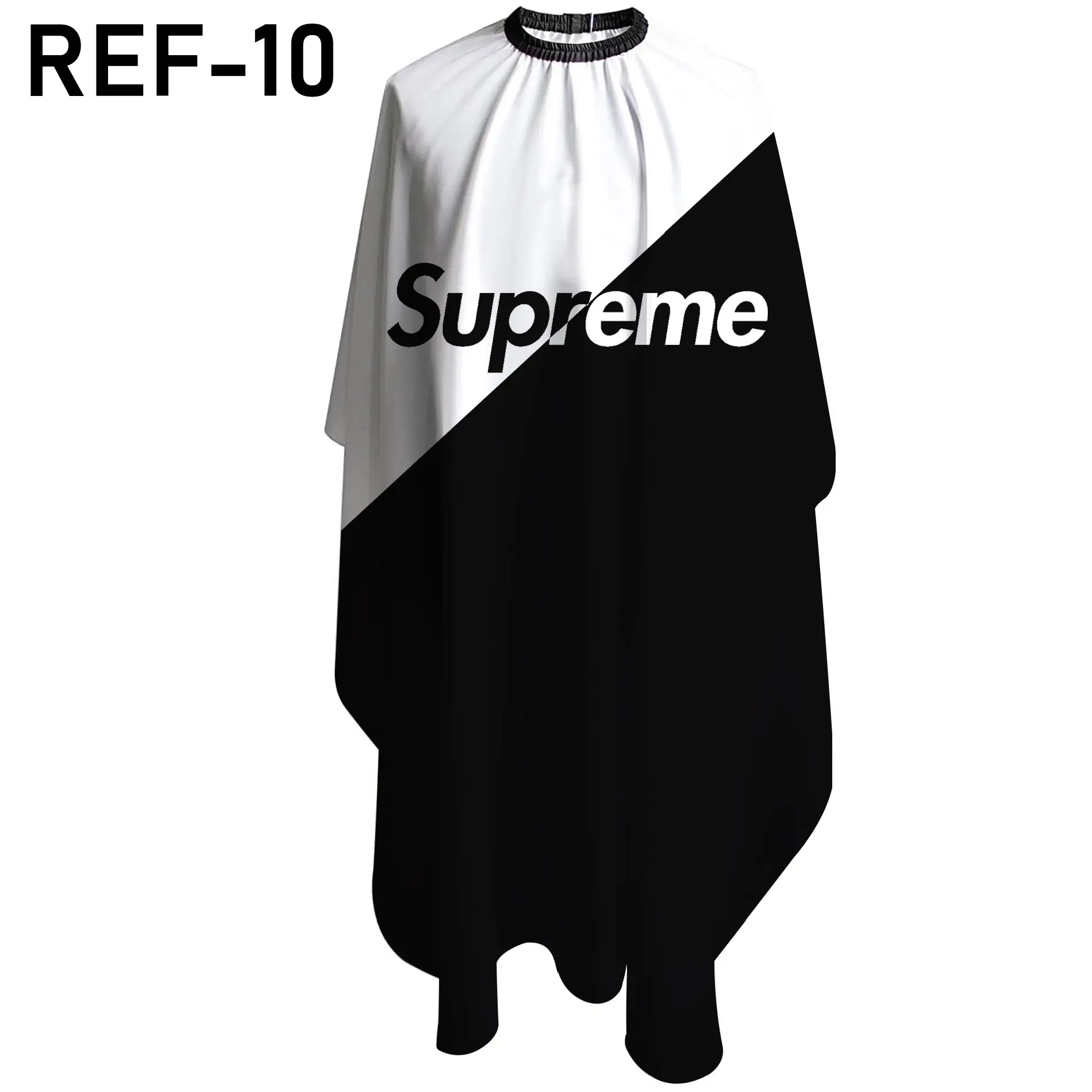 Capa de peluquería negra y blanca, impermeable, con logo "Supreme" y el texto "REF-10".