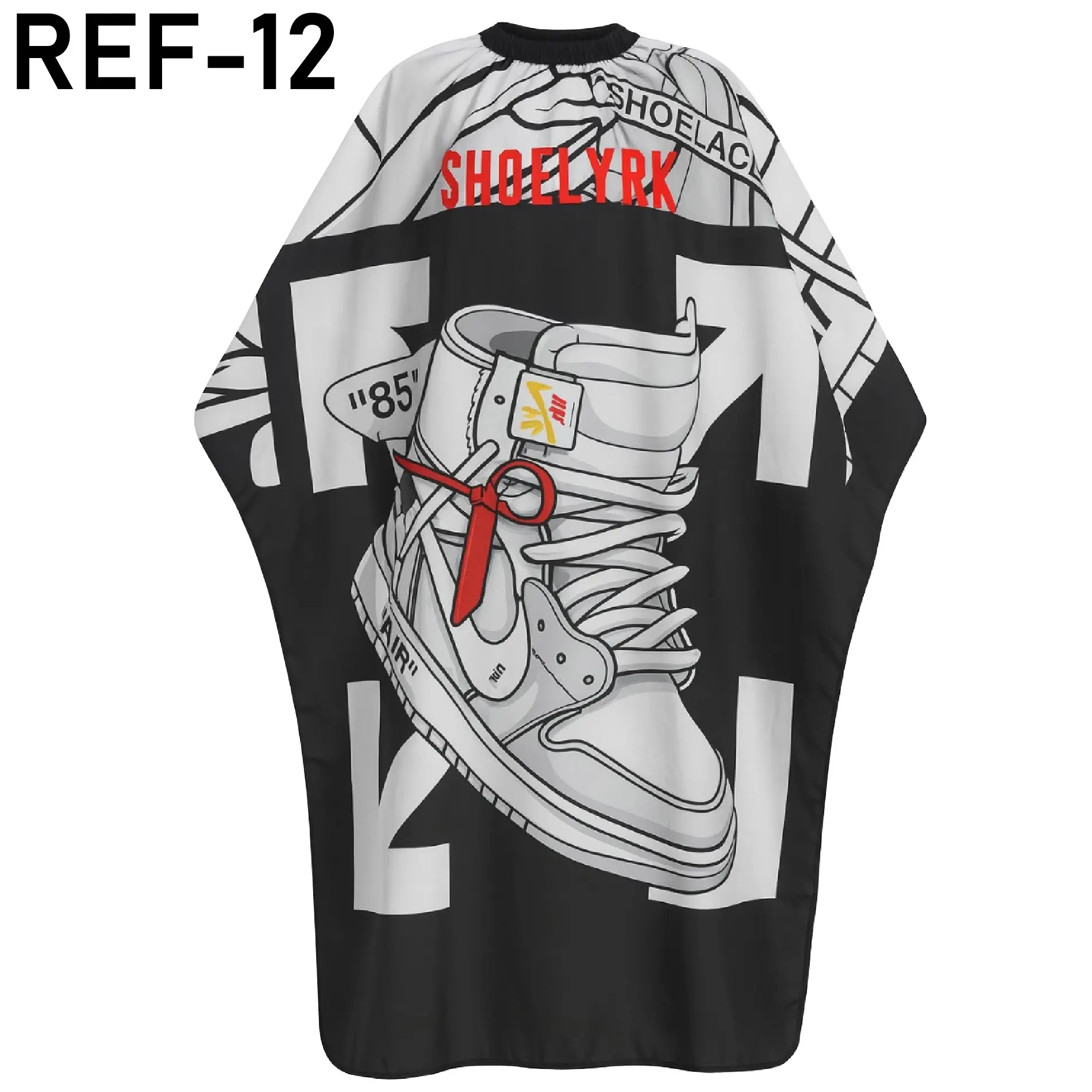 Capa de barbería impermeable negra y blanca con estampado de zapatilla deportiva estilo OFF-WHITE.