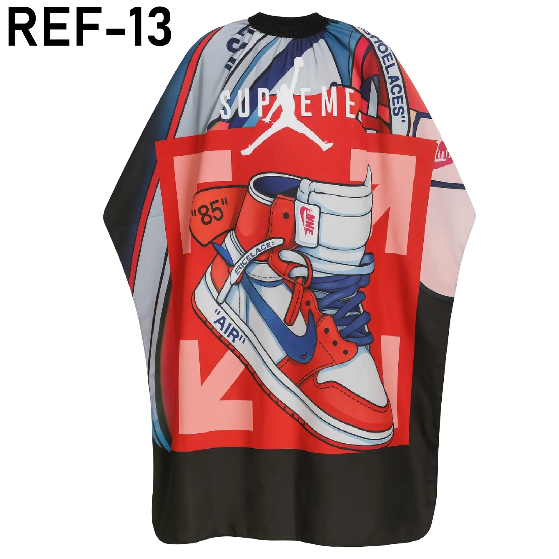 Capa de peluquería impermeable con estampado de zapatilla Air Jordan roja, blanca y azul, diseño Off-White y logo Supreme.