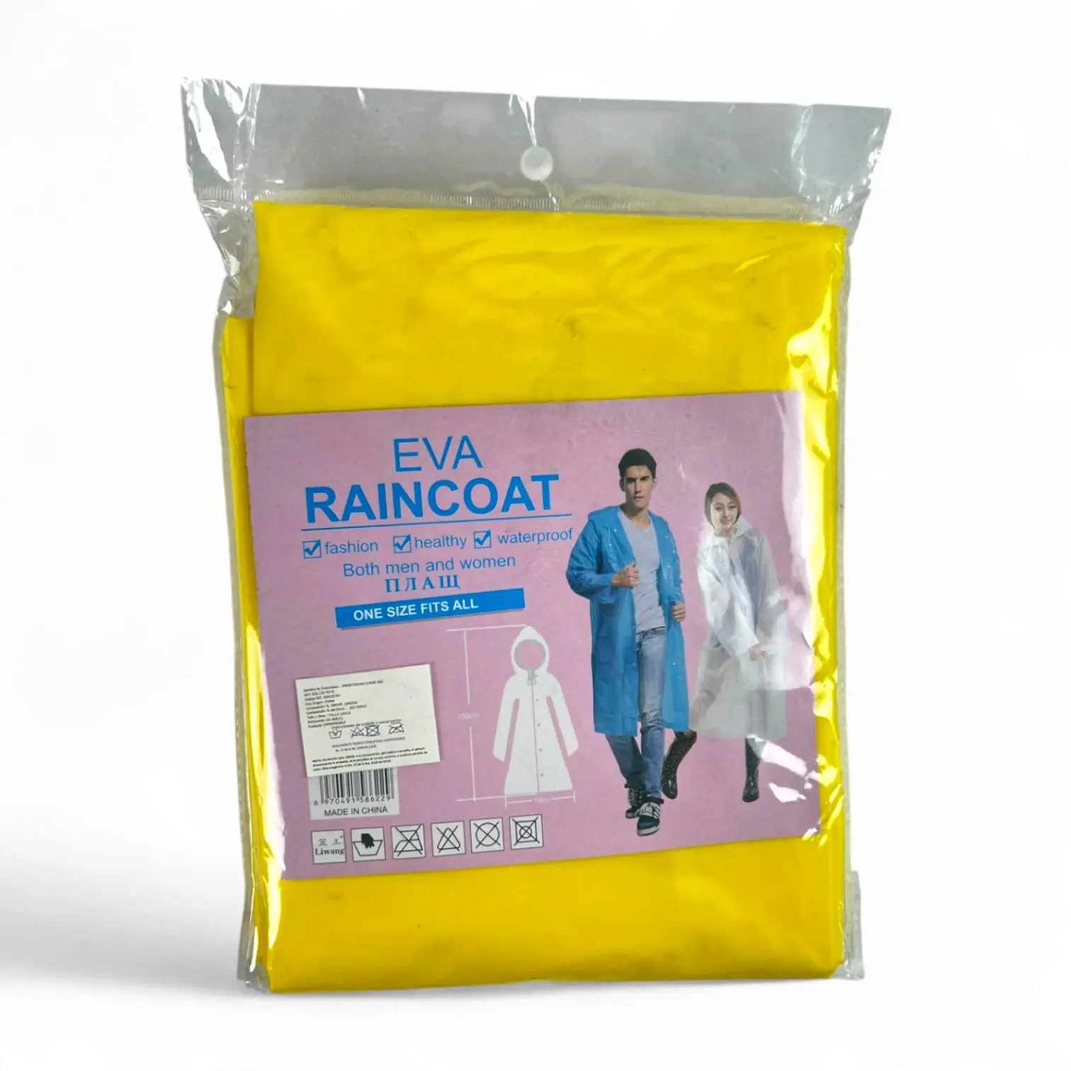 Capa impermeable amarilla EVA, empacada, estilo unisex.