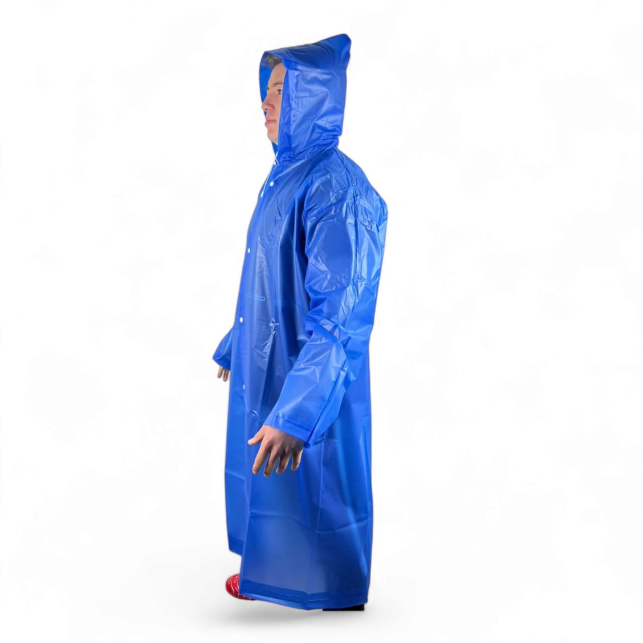 Capa impermeable azul brillante para adulto, con capucha, vista lateral.