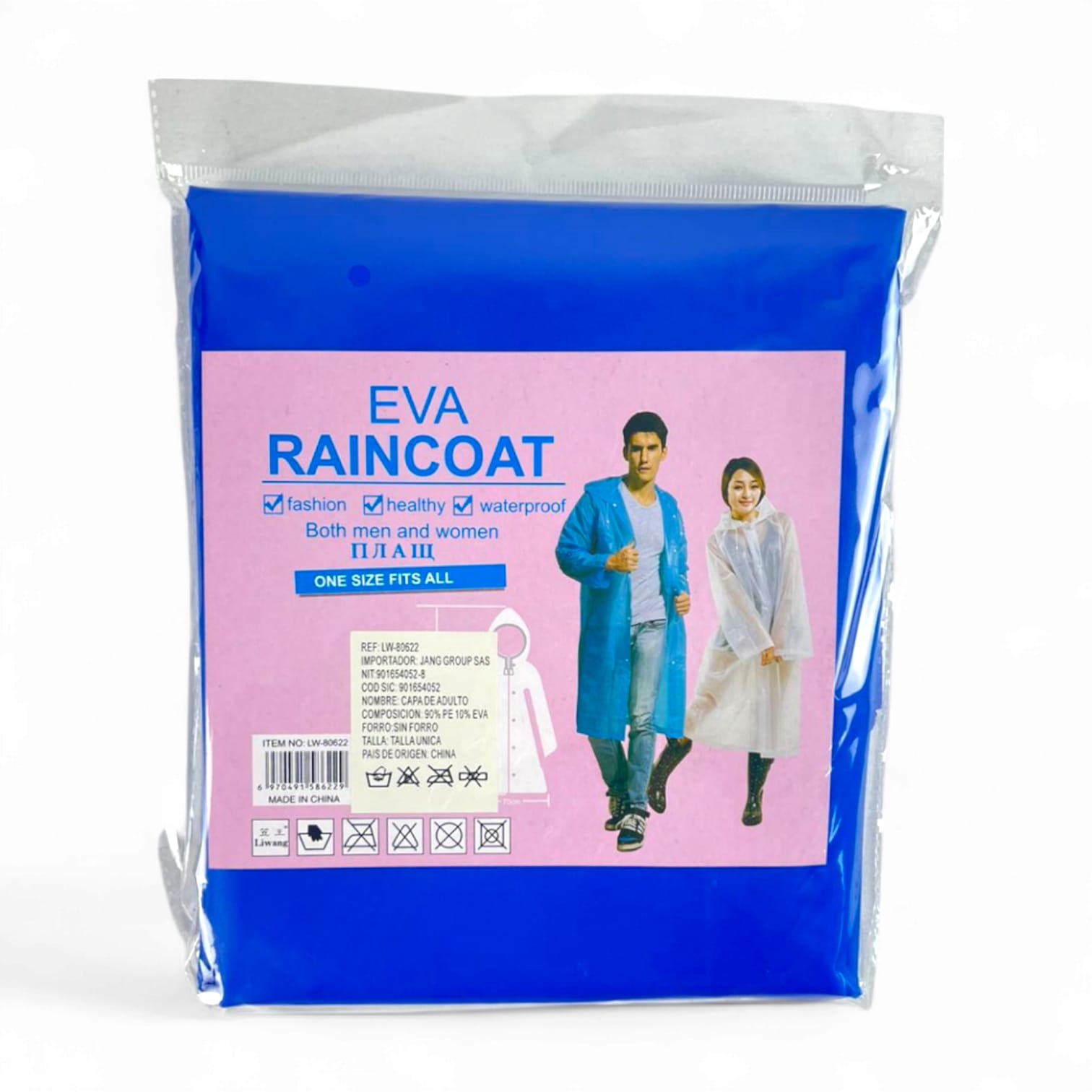 Capa impermeable azul para adulto, empacada, con de pareja usándola.