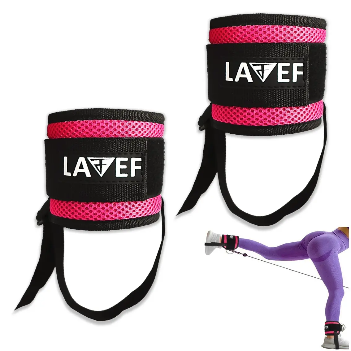Grilletes para tobillo negros con detalles rosados para polea. Incluyen correas ajustables y logo blanco "LAVEF".