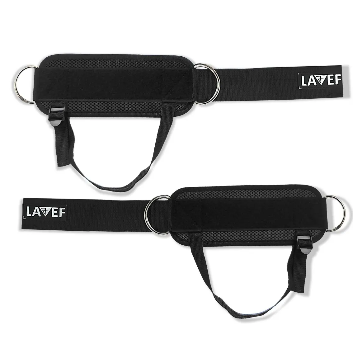 Grilletes negros para tobillo con argollas y correa ajustable, logo LAVEF.