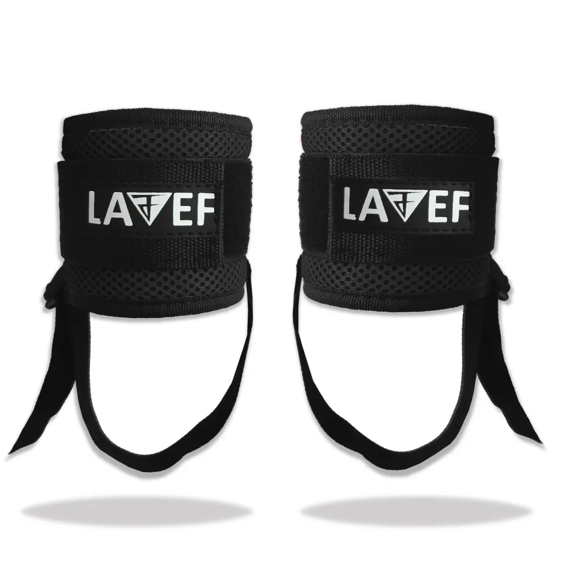 Tobilleras negras con logo blanco "LAVEF" y correa para polea, ideal para ejercicios.