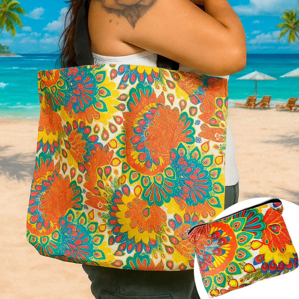 Set de 2 bolsas reutilizables plegables con estampado de mandala coloridas en playa.