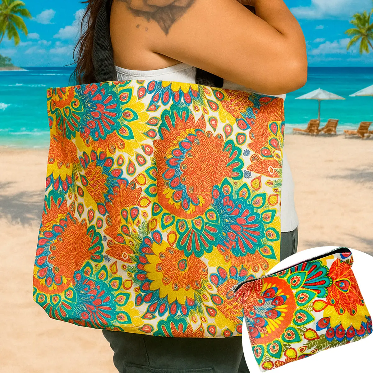 Set de 2 bolsas reutilizables plegables con estampado de mandala coloridas en playa.