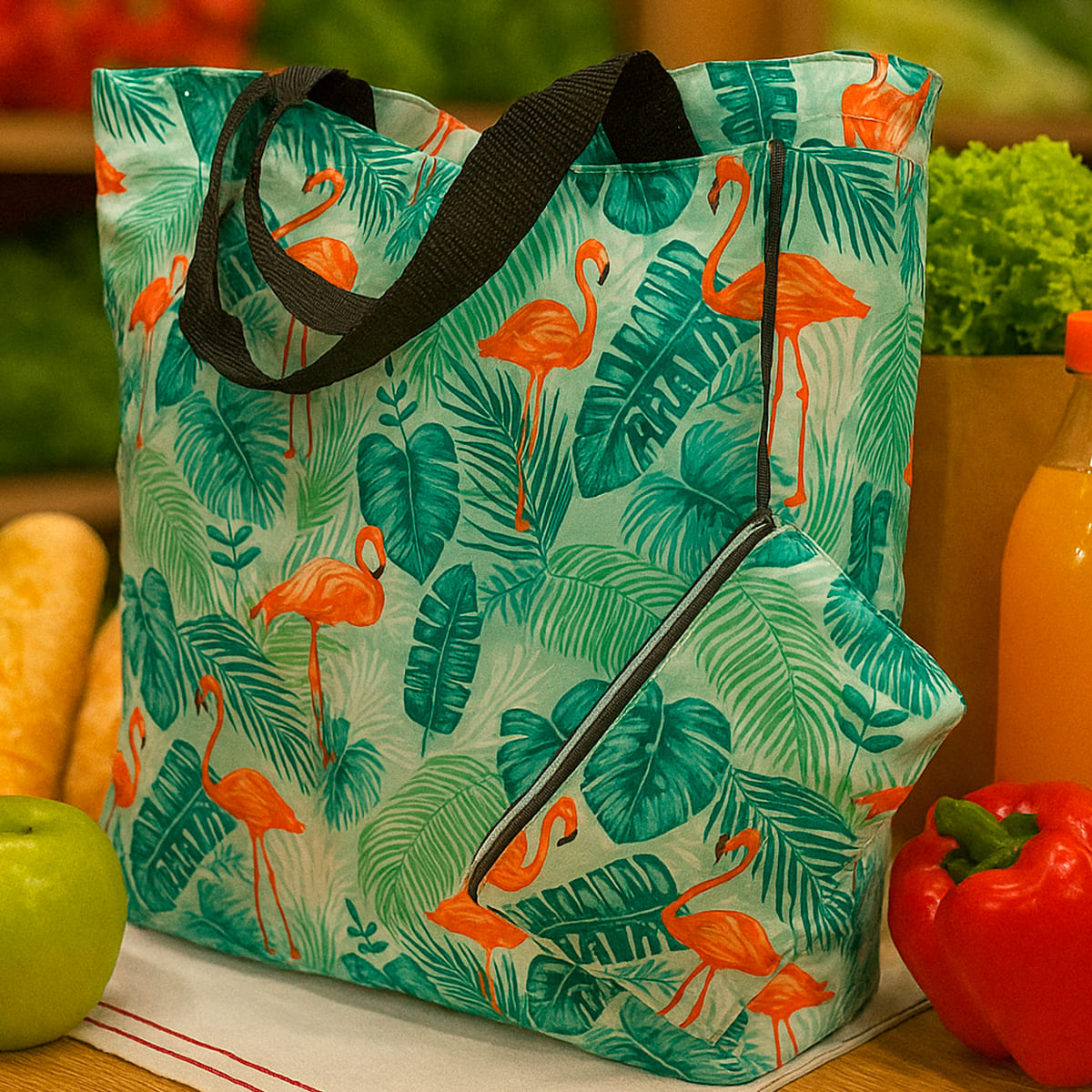 Set x2 bolsas plegables flamencos verdes, una grande y una pequeña, con frutas y pimientos.