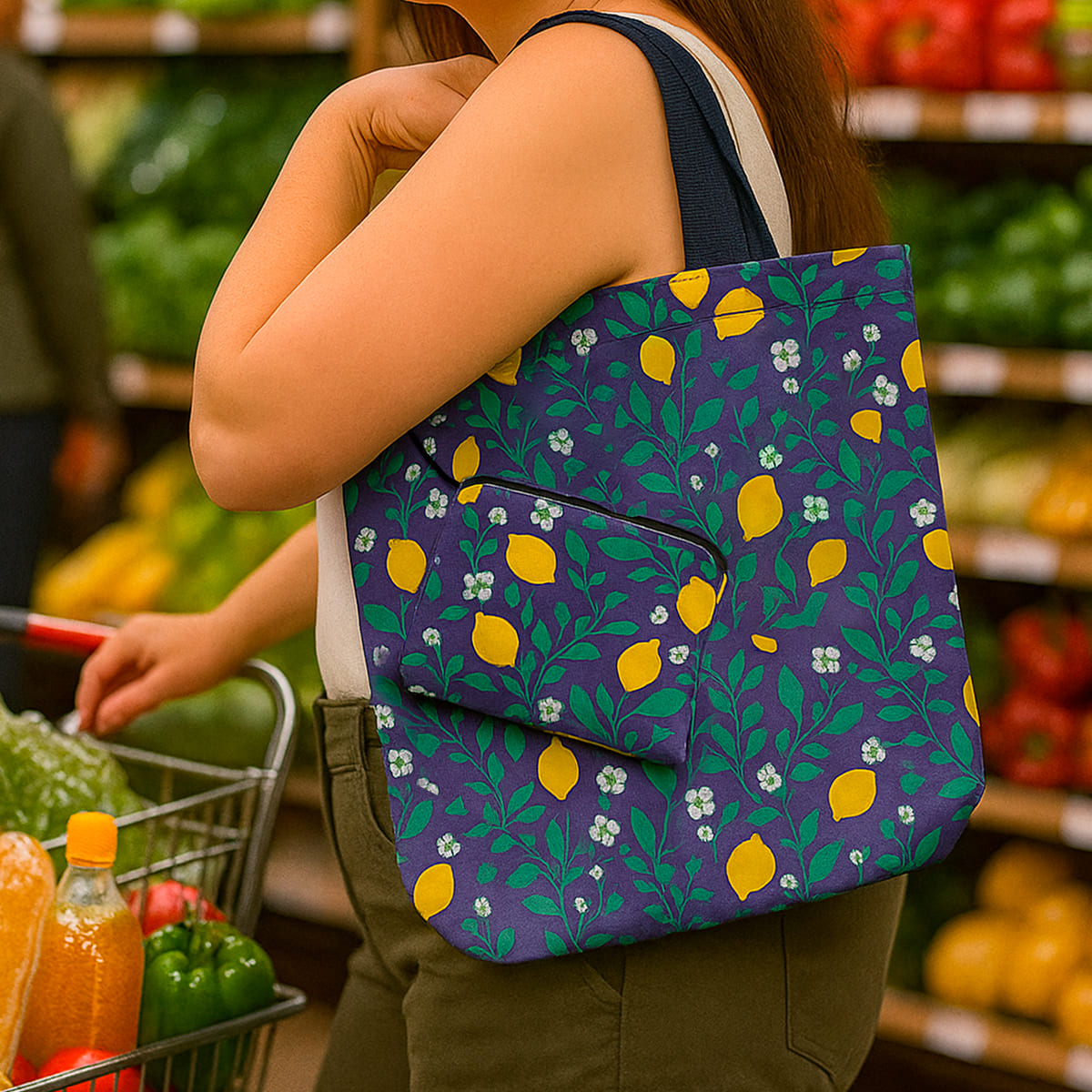 Bolsa reutilizable morada con estampado de limones y flores, mostrando un bolsillo frontal y un carrito de compras.