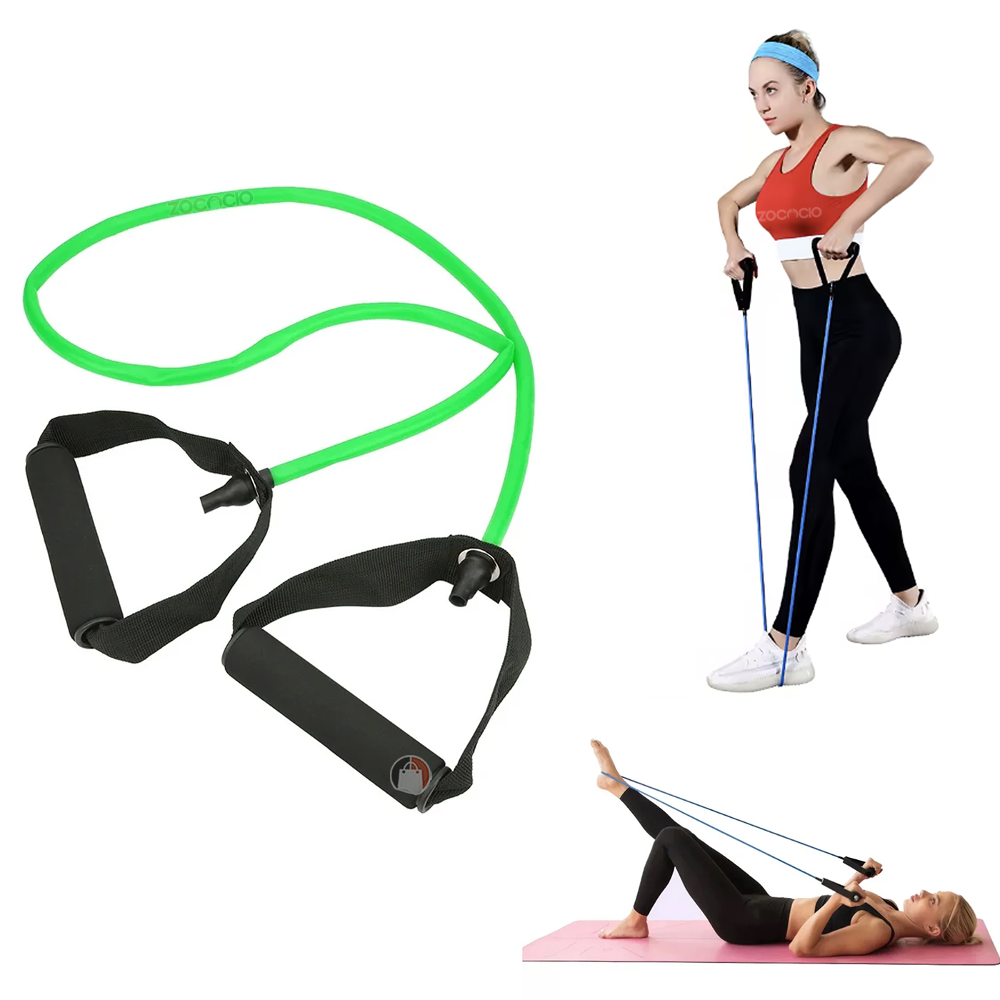 Set x2 bandas de resistencia verdes con asas negras para ejercicios.
