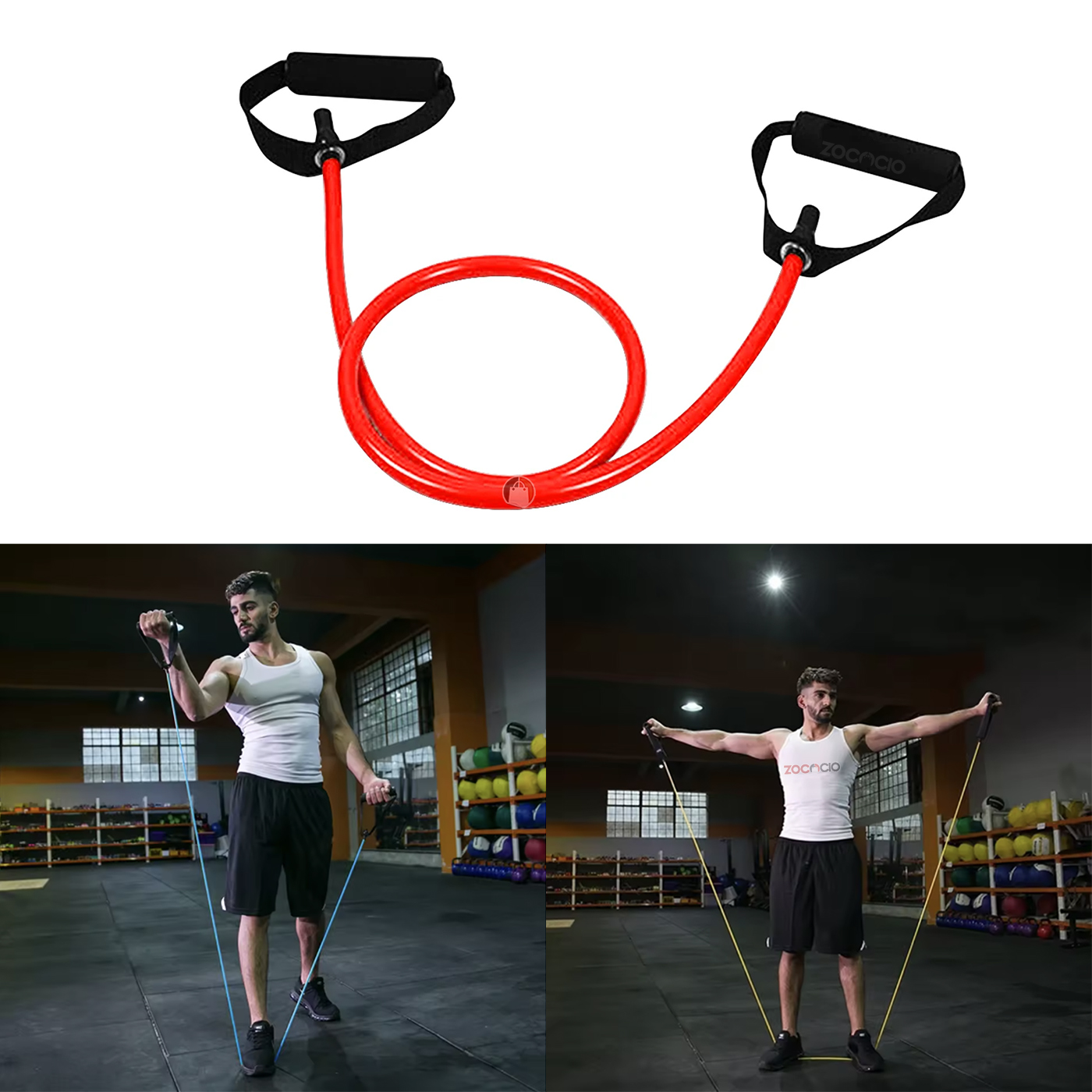 Set x2 bandas de resistencia roja y amarilla con asas, para ejercicios de bíceps y hombros en gimnasio.