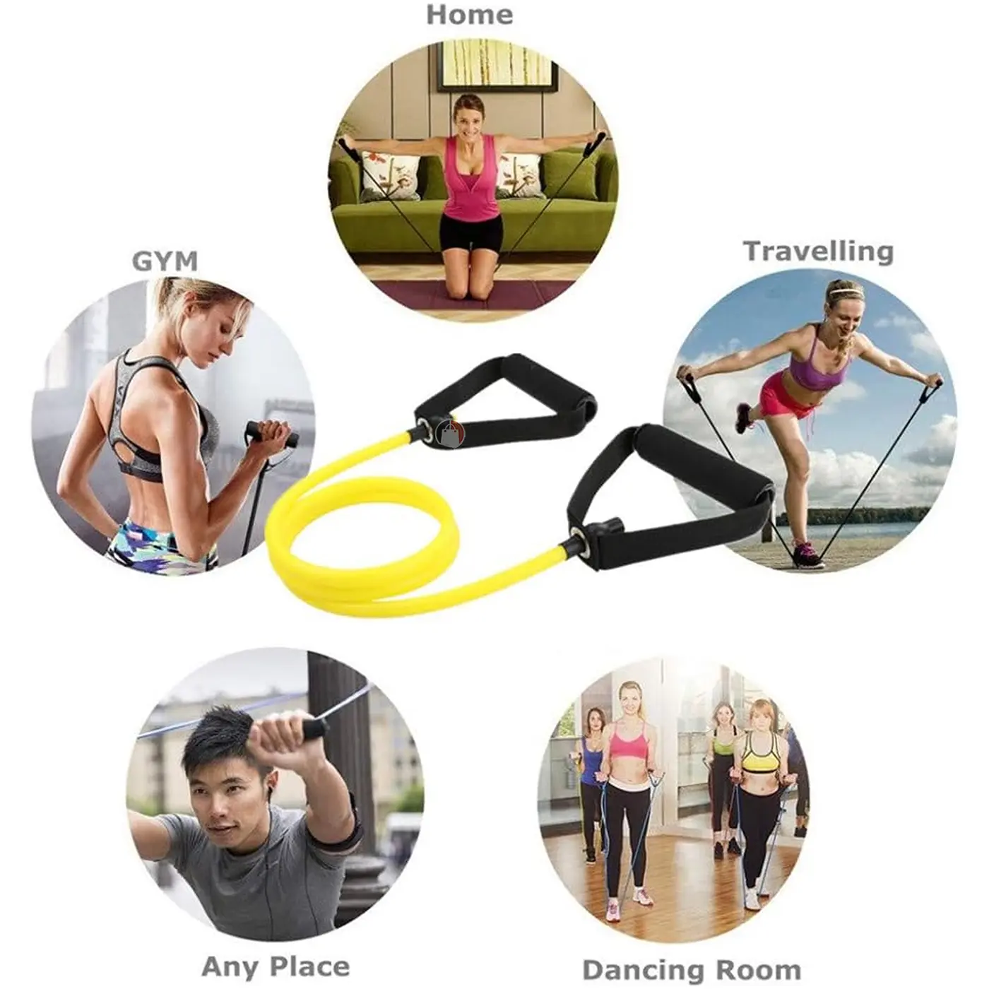 Set x2 bandas de resistencia amarillas con asas negras para ejercicios en casa, gimnasio, al aire libre y salón de baile.