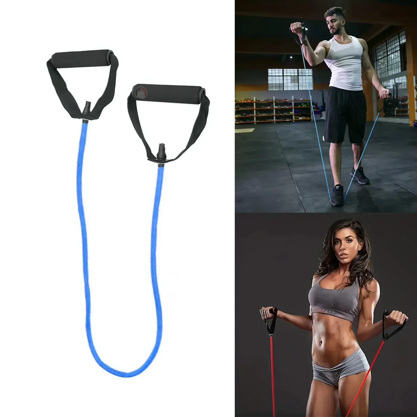 Set x2 bandas de resistencia azules con asas negras, una usada por un hombre y otra por una mujer.