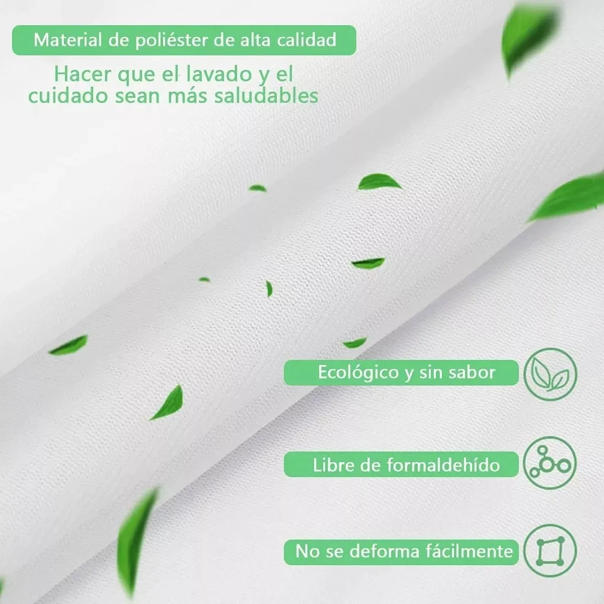 Detalle de la textura de malla fina blanca de las bolsas para lavar ropa. Se observa el tejido con pliegues y elementos gráficos de hojas verdes que acompañan a la información sobre su material de poliéster de alta calidad y propiedades ecológicas.